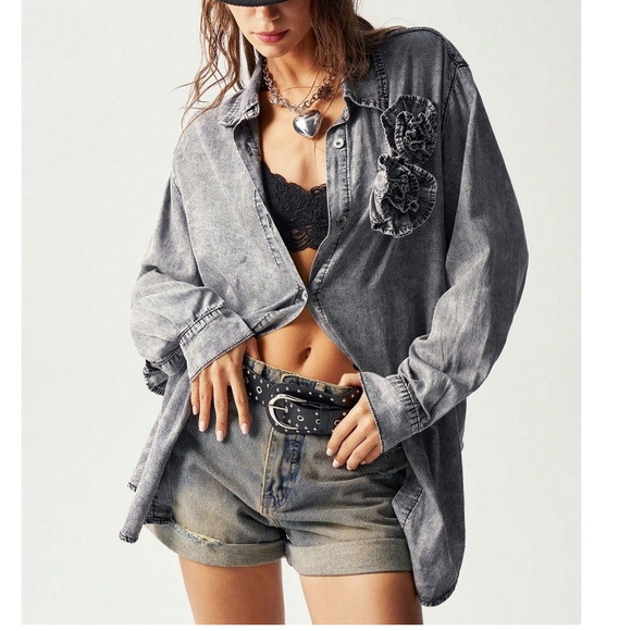 Mineral Wash Floral Applique Button Down Oversized Shirt - Picture 2 of 7